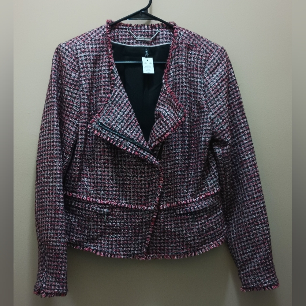 WHITE HOUSE BLACK MARKET NEW NWT RED WHITE TWEED MOTO JACKET SZ 8 M